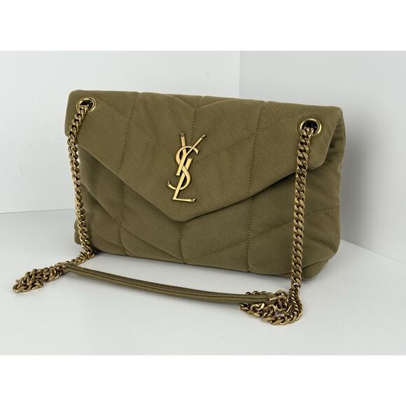 SAINT LAURENT Small Puffer Wool Chevron Quilt Shoulder Bag in Olive Green - Picture 1 of 13